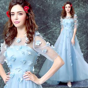 China Gorgeous Light Blue Short Sleeves Appliques Chiffon Evening Dress TSJY087 factory