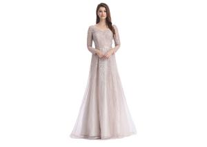 China Champagne Fluffy Arabic Style Dress , Long Sleeve Arabic Wedding Dress factory