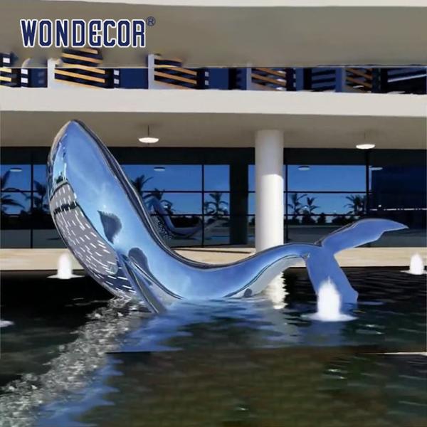 Large Outdoor Metal Art Abstract Marine Animals LED Lights Whale Stainless Steel
