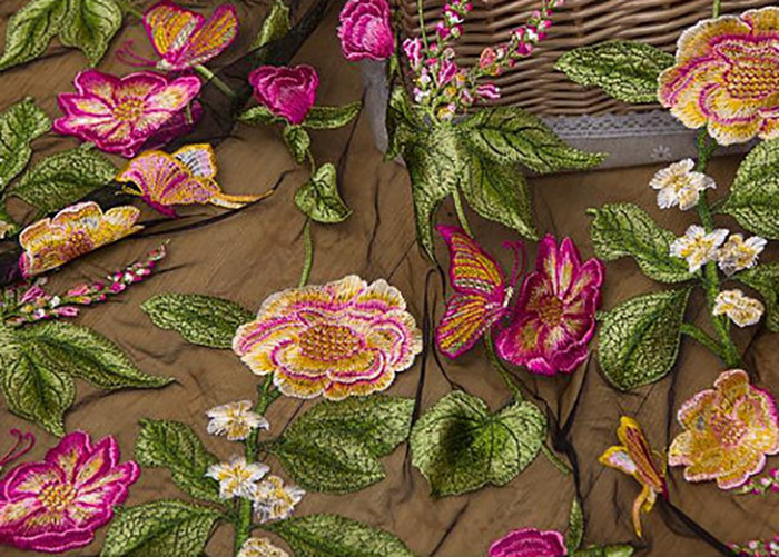 Heavy Embroidered Multi Colored Lace Fabric , Vintage Lace Floral Tulle Fabric