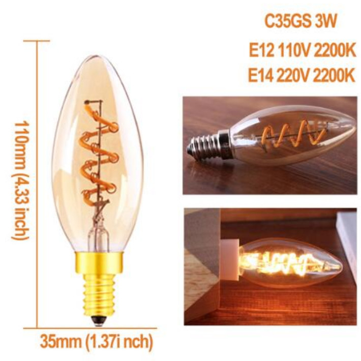 C35 Spiral LED Filament Bulb E14 E12 110V 220V 3W Vintage Edison Bulb Lamp