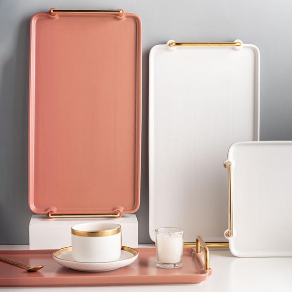 Gold Handled Serving Tray Luxury Ceramic Platter For Party At Restaurant Hotel
