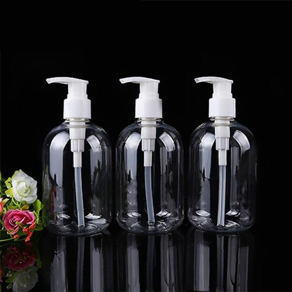China cosmetic 300ml screen print transparent plastic PET bottle with pump factory