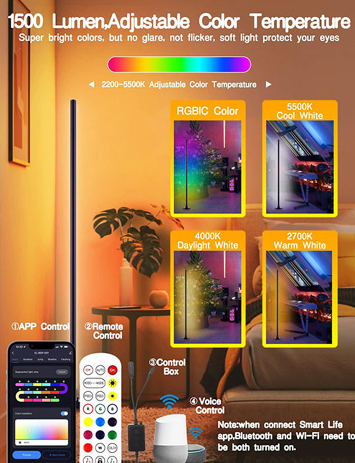 CCT 2500K-6500K RGB Corner Lamp , Dimmable Color Changing LED Corner Floor Lamp