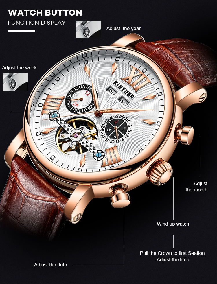 KINYUED J017-4 Gold Case Black Dial Leather Strap Complete Calendar Skeleton Waterproof Wristwatches montre homme