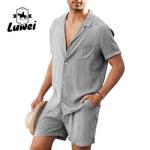 Summer Men Shorts Set Plain Flax Cotton Breathable Solid Color Two Piece Suit