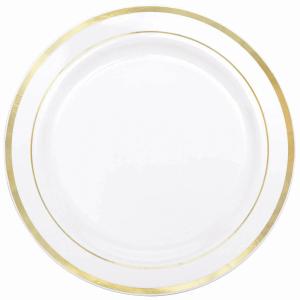 China 6&quot; fancy round gold plastic plates with plastic silverware 6&quot; ivory/ gold band round rimini plastic dessert plate factory