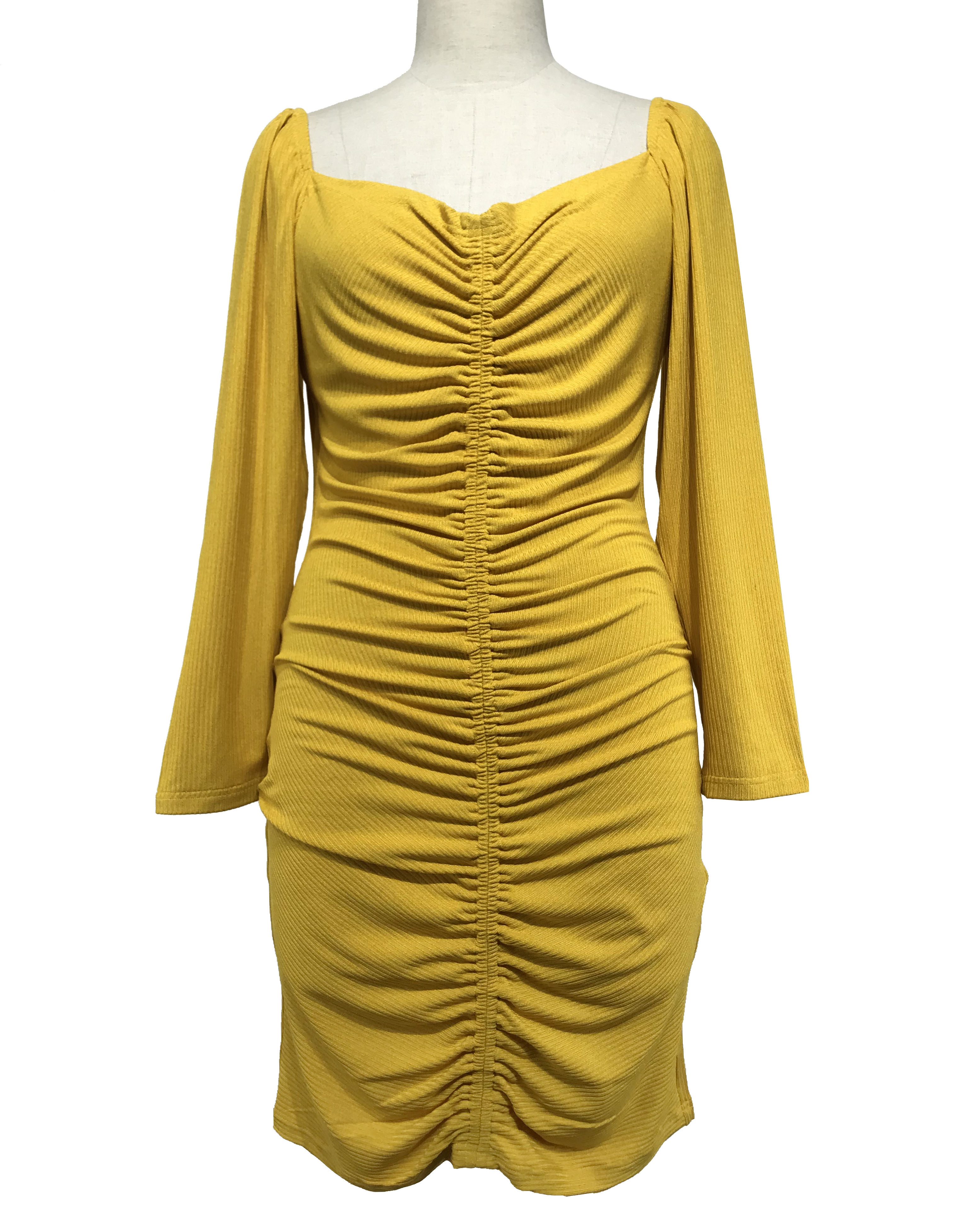 Sexy Long Sleeve Custom Women' Dresses Square Neck Rib Dresses Apricot Color