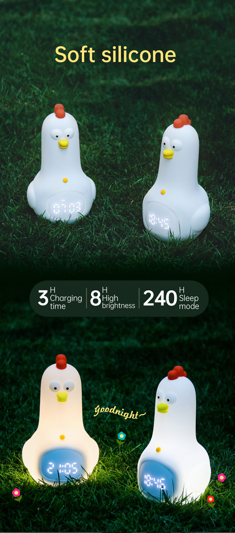 Kids Kung Fu Chicken Alarm Clock with Digital Display Night Light and Smart Features