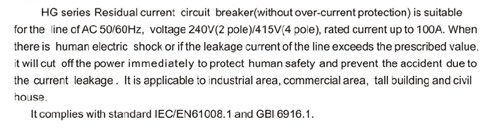 HG Serices 240V/415V Residual current circuit breaker RCCB