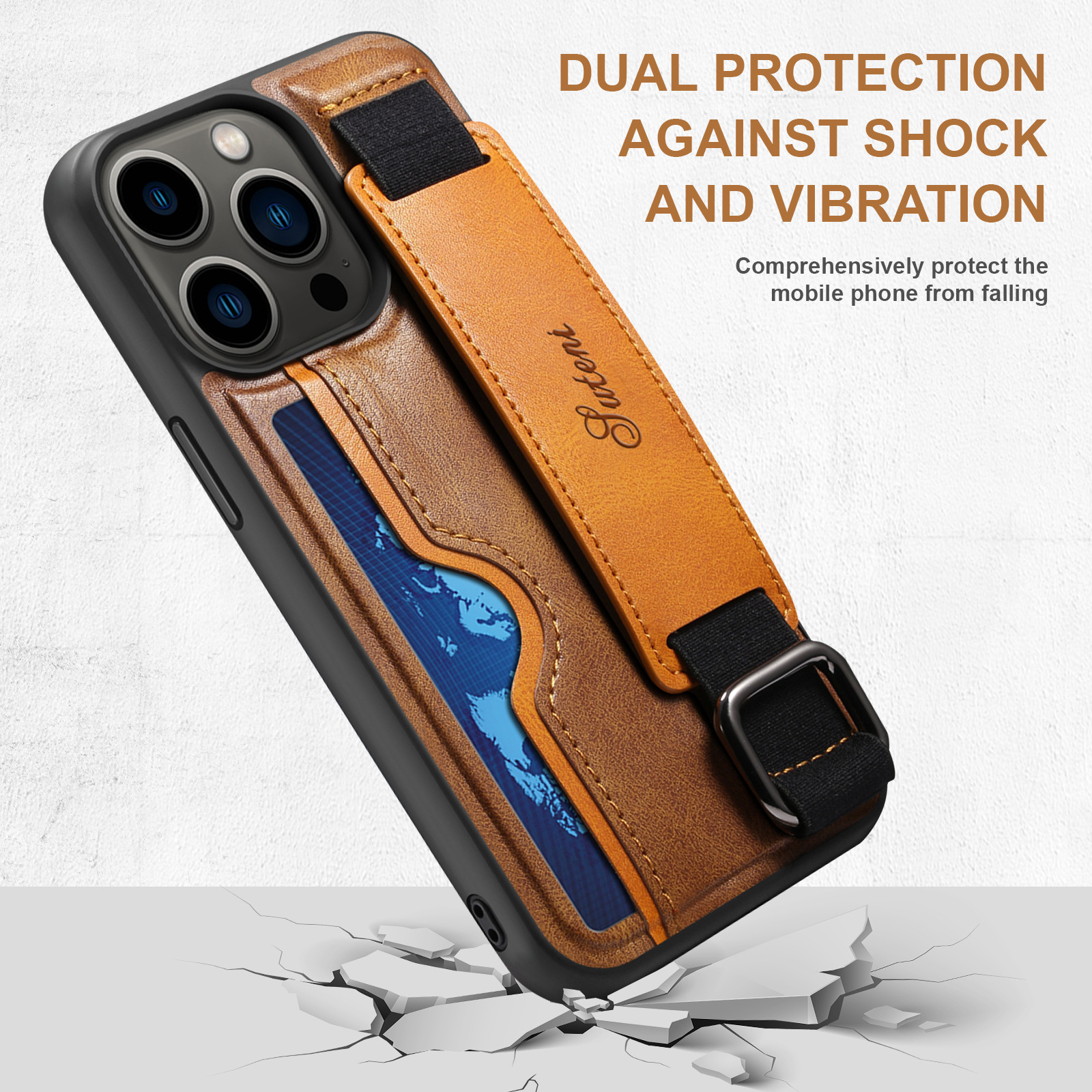 14 Pro Max Mobile Phone Case with Wrist Strap Stand and Card Slot in Green PU Leather