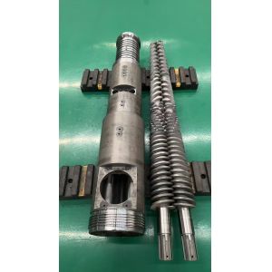 China Conical Twin Screw and Barrel with 0-60rpm Rotation Speed, 1000kg/h Max Output, and Water Cooling System for Efficient Plastic Processing on sale