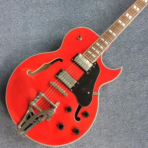 China New style high quality hollow body jazz electric guitar, Tremolo system ,Cherry burst color factory