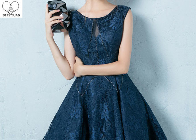 Navy Blue Lace Short Length Prom Dresses Knee Length Sleeveless And Beading