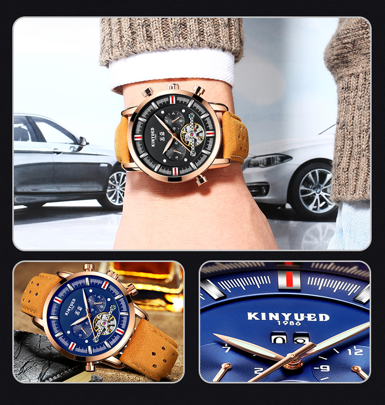 KINYUED J019-1 Gold Case Genuine Leather Auto Date Skeleton Tourbillon Automatic Mechanical Wristwatches