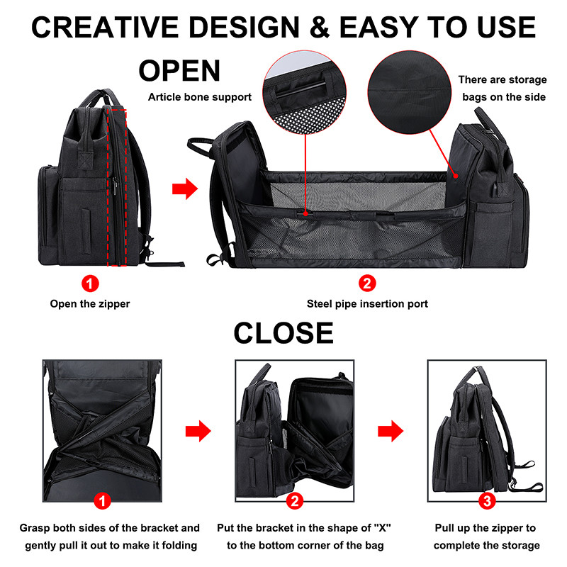 Baby Diaper Tote Bags Backpack Black Insulated Bottle Storage 14X9X16"
