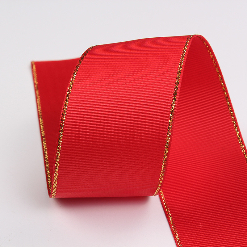 2.5cm Polyester Gold Edge Double Face Grosgrain Ribbon for Christmas Tree and Bag Handles