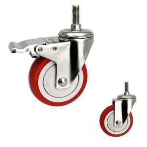 China Customize Stainless Castor Wheels 4 Soft Red Wheel Medium Duty PU Threaded Stem Total Lock Casters on sale