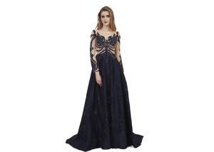 China Dark Blue Color Long Sleeve Beading Arabic Evening Dresses Eco Friendly factory