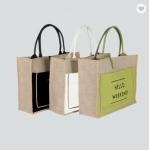 Picnic Jute Tote Bags Hessian Yellow Laminated Long Handles For Gifts
