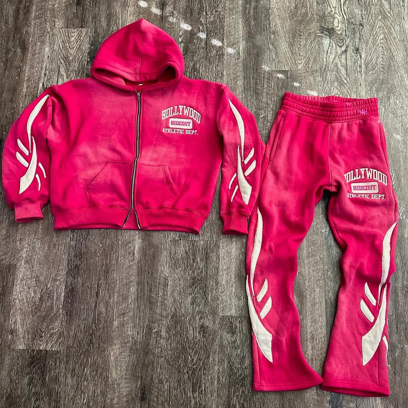 Collar Custom Hooded Women's Y2k Sweatshirt with Zip Up Design and Flare Sweatpants Set