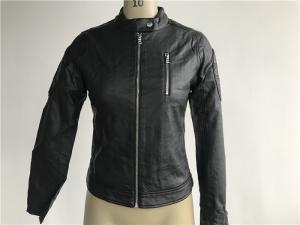 China Female Black Polyurethane Leather Biker Jacket With Polished Silver Zip LEDO1731 factory