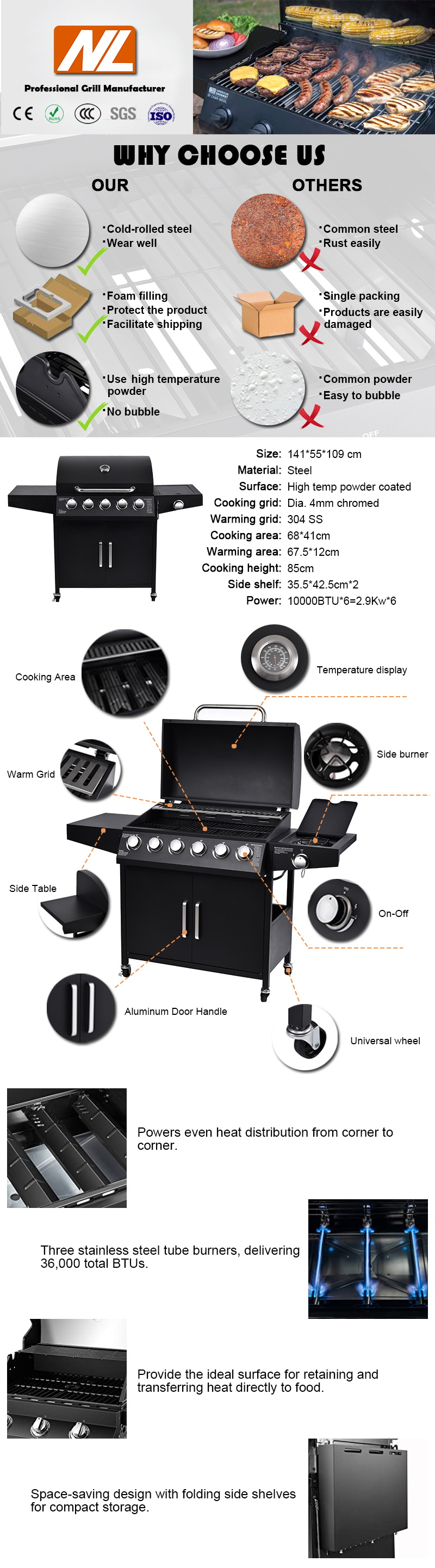 5 1 Propane Burners Gas Grills Stainless Steel Camping Rotisserie Stove 141*55*109 cm