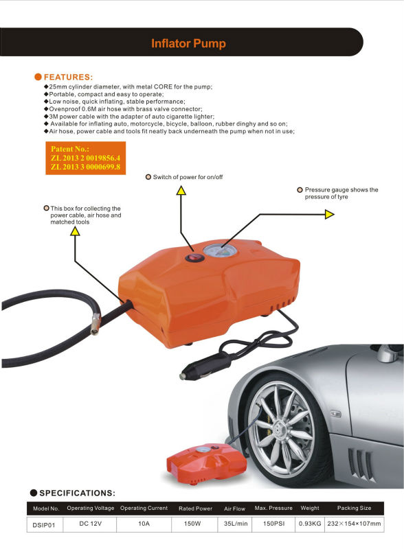 120W Car Tyre Inflator Pump 0.6m Air Hose With Digital Gauge