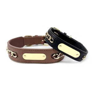 Genuine Leather Dog Collars With Metal Braided Design Engraved Nameplate