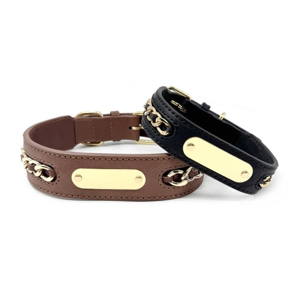 China Genuine Leather Dog Collars With Metal Braided Design Engraved Nameplate factory
