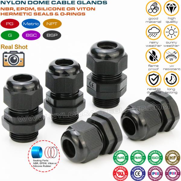 China Polyamide Plastic IP68 Waterproof Solar Cable Glands (Strain Relief Connectors) with PG, Metric & NPT threads factory