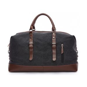Large Casual Black Waxed Leather Canvas Travel Duffel Bags