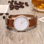 Mens Wood Brown Leather Strap Watches Custom Logo Casual Style