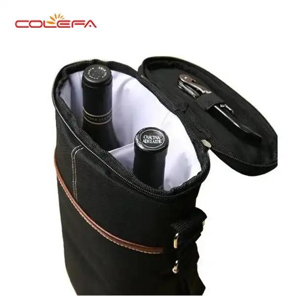 Custom Black Carry 2 Bottle Packing Polyester Thermal Collapsible Wine Bottle