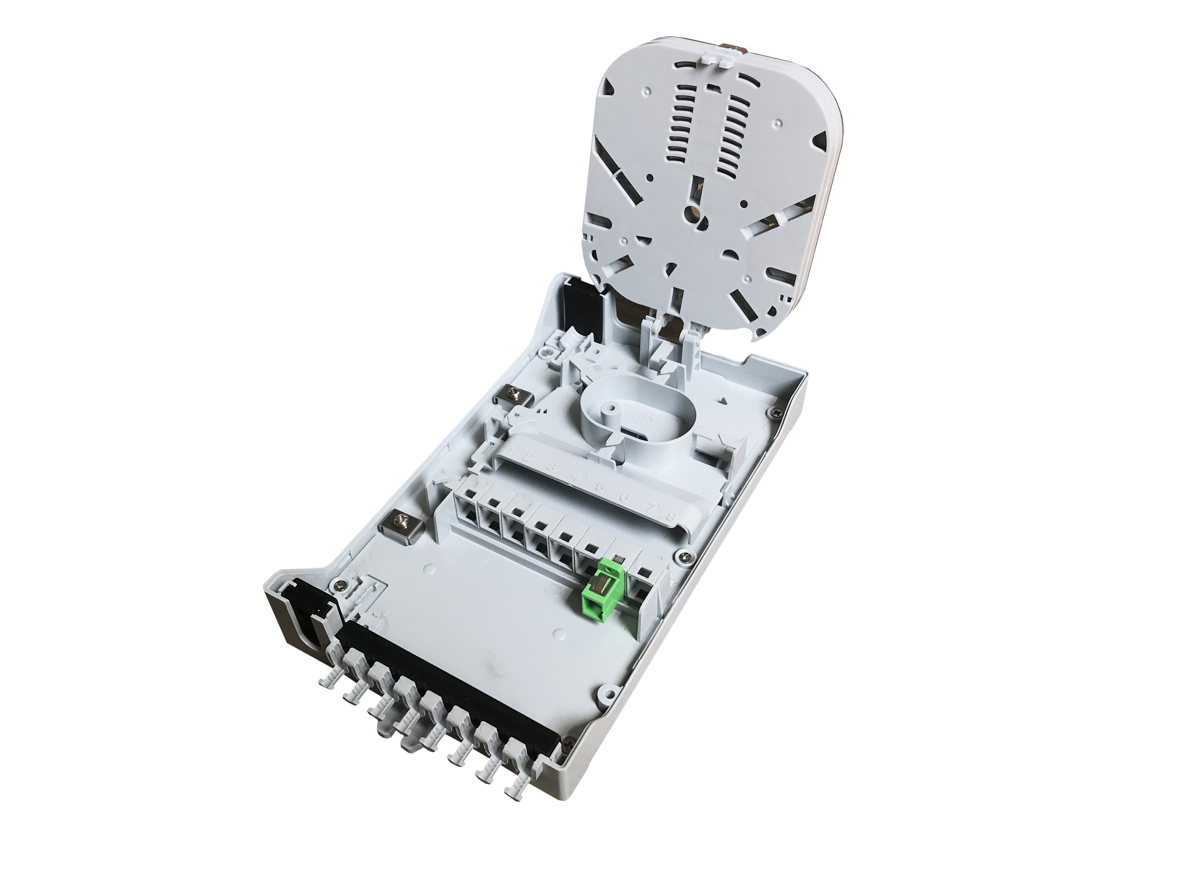 GFS-8ZT-1,fiber distribution box,splitter box,Max Capacity 8 cores,,size 235*126*52mm, Material: PC+ABS,IP 65
