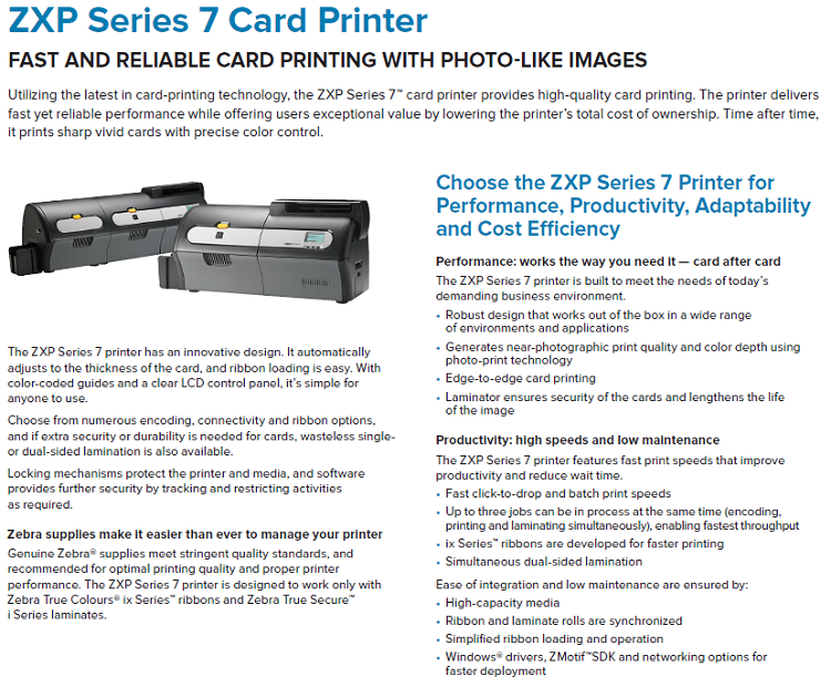 Zebra ZXP Series 7 Dual Sided ID Card Printer High Definition and Optional Lamination