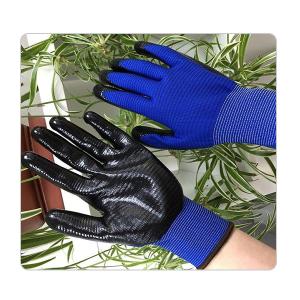China Seamless Blue Polyester Knit Black Nitrile Gloves factory