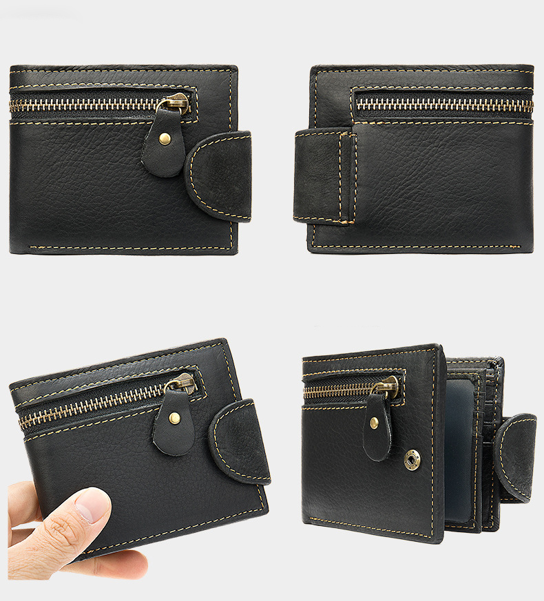 Original Retro Style Men's Wallet with Zipper Closure and Genuine Leather Material