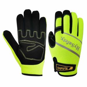 China Waterproof Hysafety Mechanics Wear Gloves Medium Duty Hi Vis Green Spandex Back factory