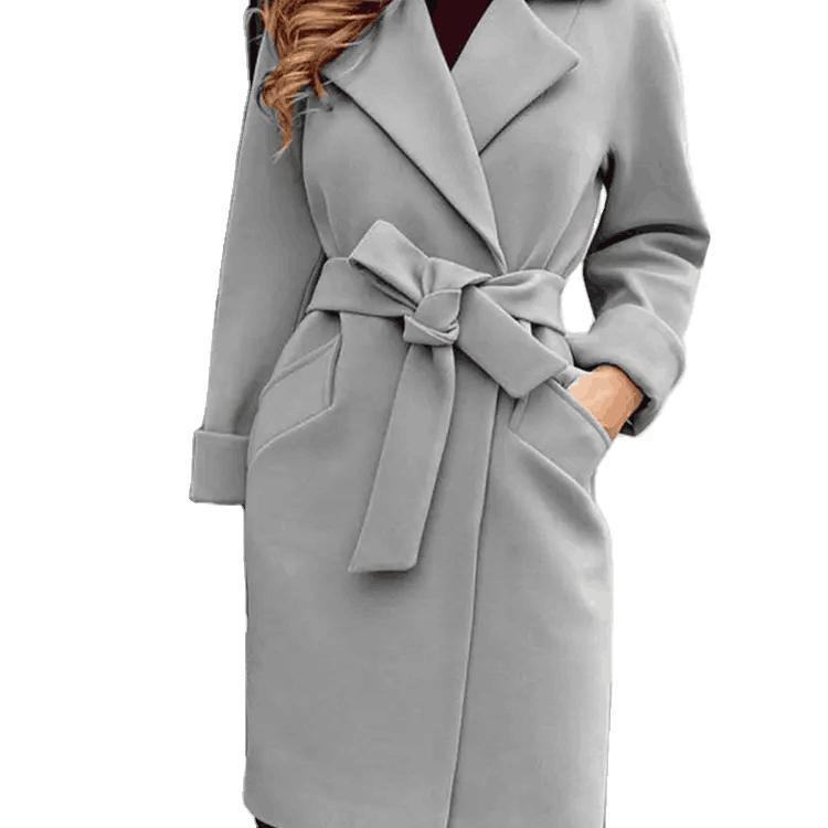 Fashion Wholesale Ladies Wool Plus Size Design Long Jackets Coats Casual Jacket Oversize Coats with Tie for Women Woolen Knitted