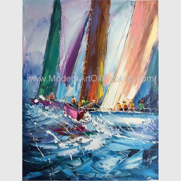 Abstract Palette Knife Sailing Boats Paintings, Hand Painted Thick Oil Canvas