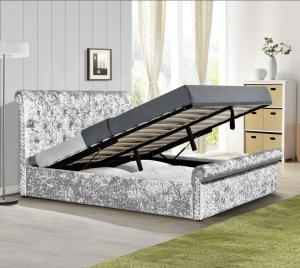 China Crush Velvet Gas Lift Storage Bed OEM Silver Upholstered Double Bed Frame factory