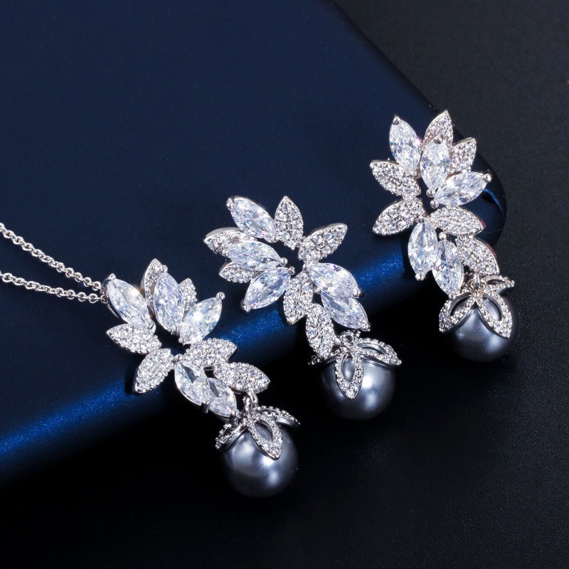 Pearl Jewelry SetBridal Wedding Jewelry Sets For Women Green Crystal Silver Color Tear Drop Jewelry Necklace Set
