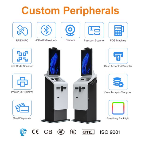 32 Inch Indoor Floor Standing PC Interactive Touch Screen Payment Kiosk Android POS Self Cash Recycle Printer Scanner Metal Case
