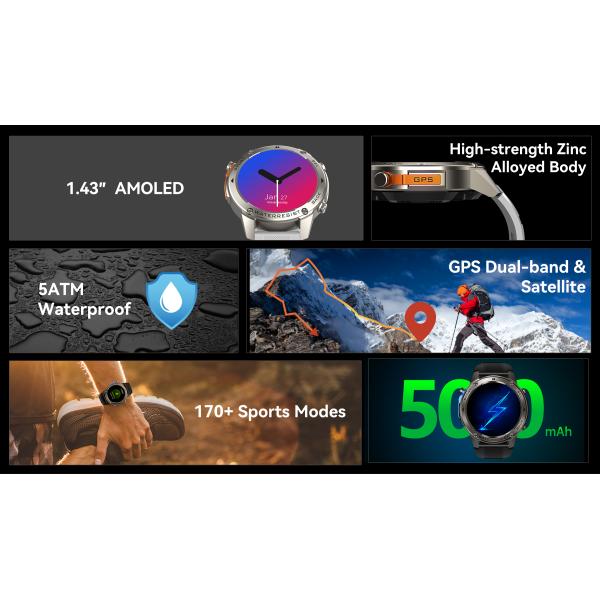 DM56 GPS Smart Watch with 1.43inch AMOLED Display and 500mAh Battery