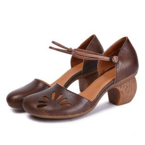 China S291 Manufacturers Pure Color Simple And Versatile Fashion Leather High Heels Retro Ethnic Style Handmade Hollow Women'S factory