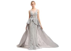 China Floor Length O Neck Prom Wedding Dresses / Grey Beading Muslim Evening Dress factory
