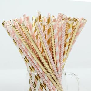 China 7.75&quot; Party Event Striated Pink And Gold Striped Paper Straws factory