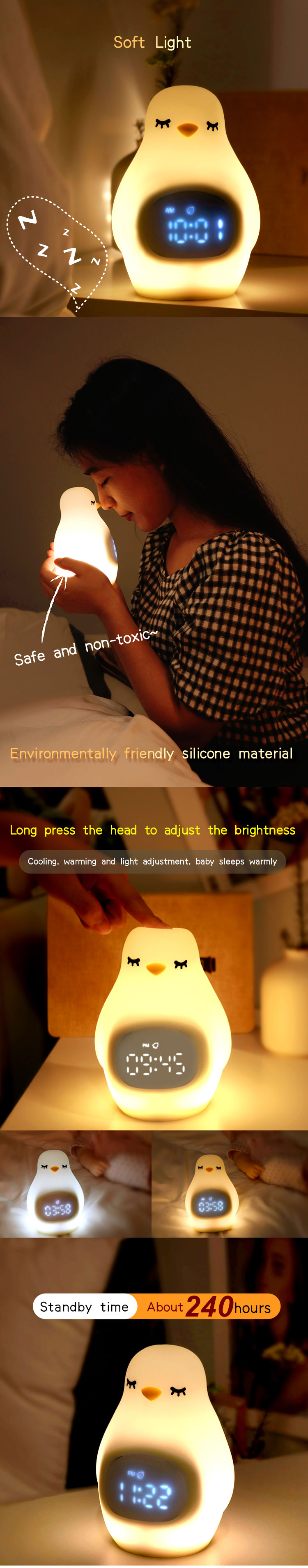 Cute Silicone Penguin NightLight for Children LED Sleep Trainer Alarm Clock Gift