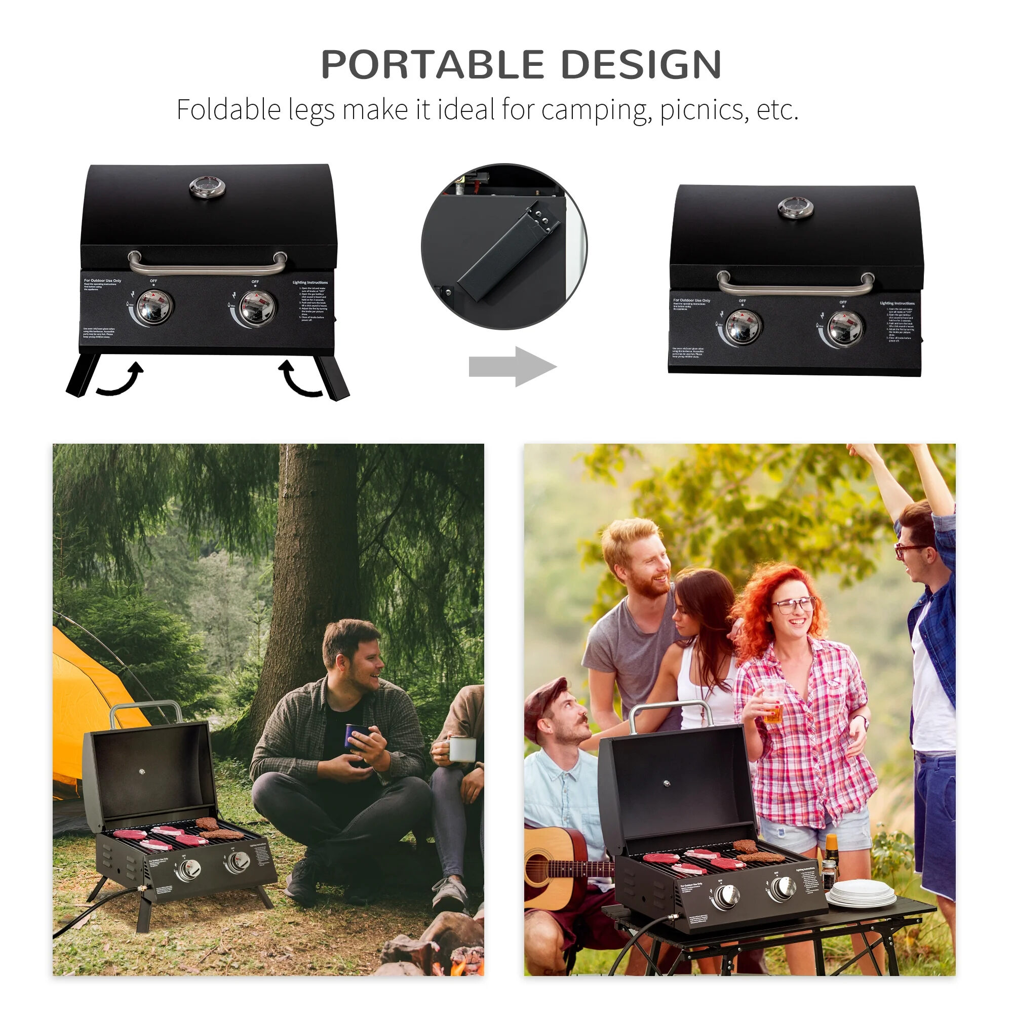 Steel Folding Legs Mini Portable Outdoor Table Top 2 Burner Gas Grill for BBQ Cooking